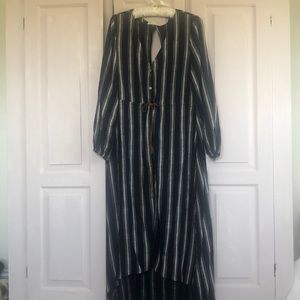 Saltwater luxe dress . Navy with white stripes    Leather tie around waist